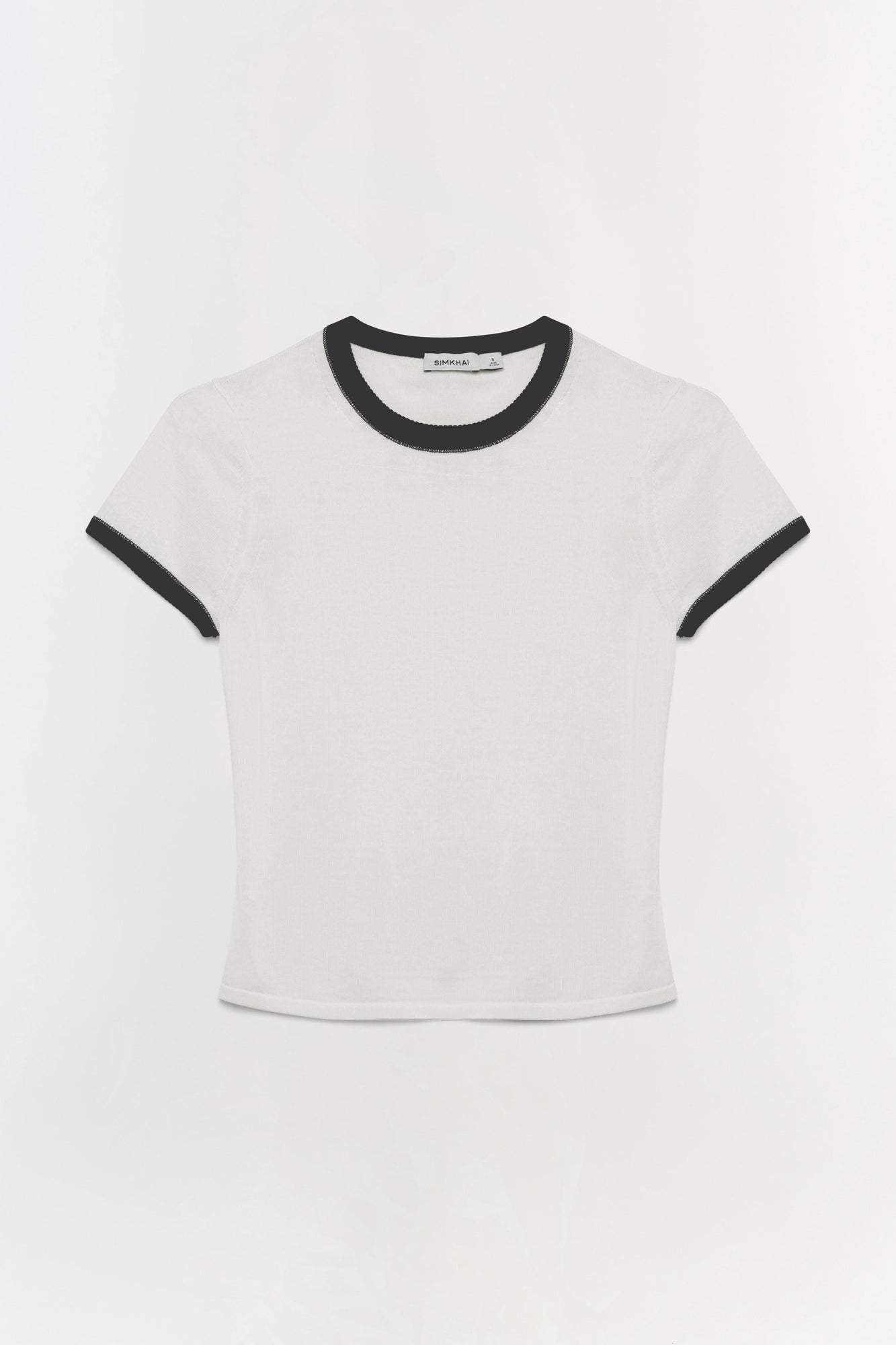 White short-sleeve top with black ribbed crew neckline and sleeve cuffs.
