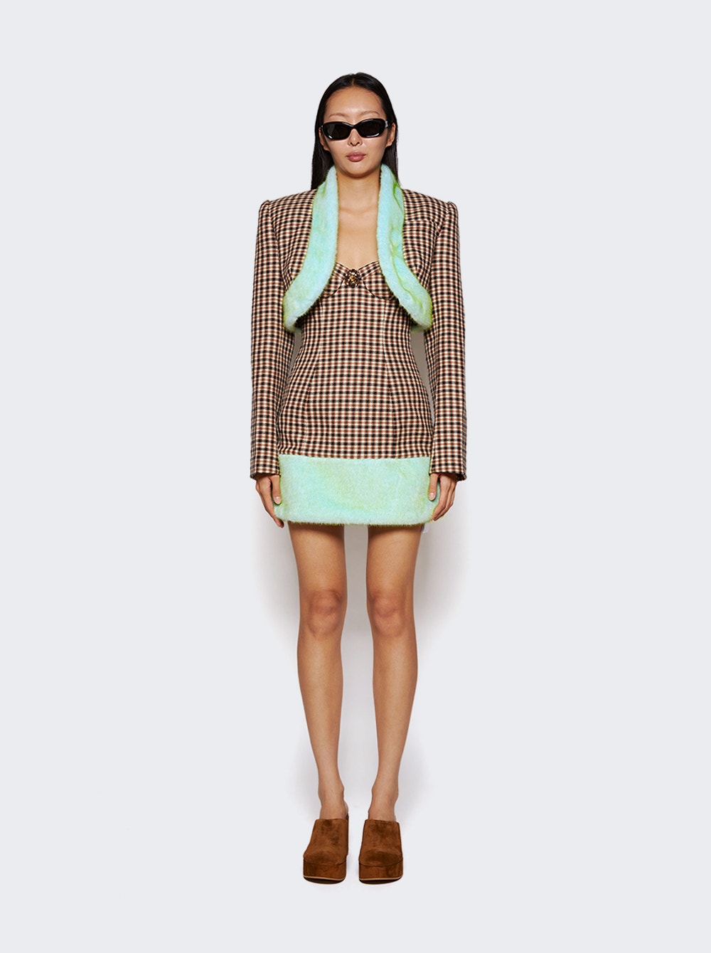 Women | AREA | Faux Fur Trim Strapless Mini Dress | Caramel