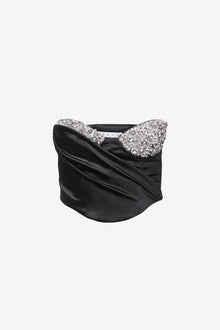 Embroidered Crystal Cup Draped Bustier | Black