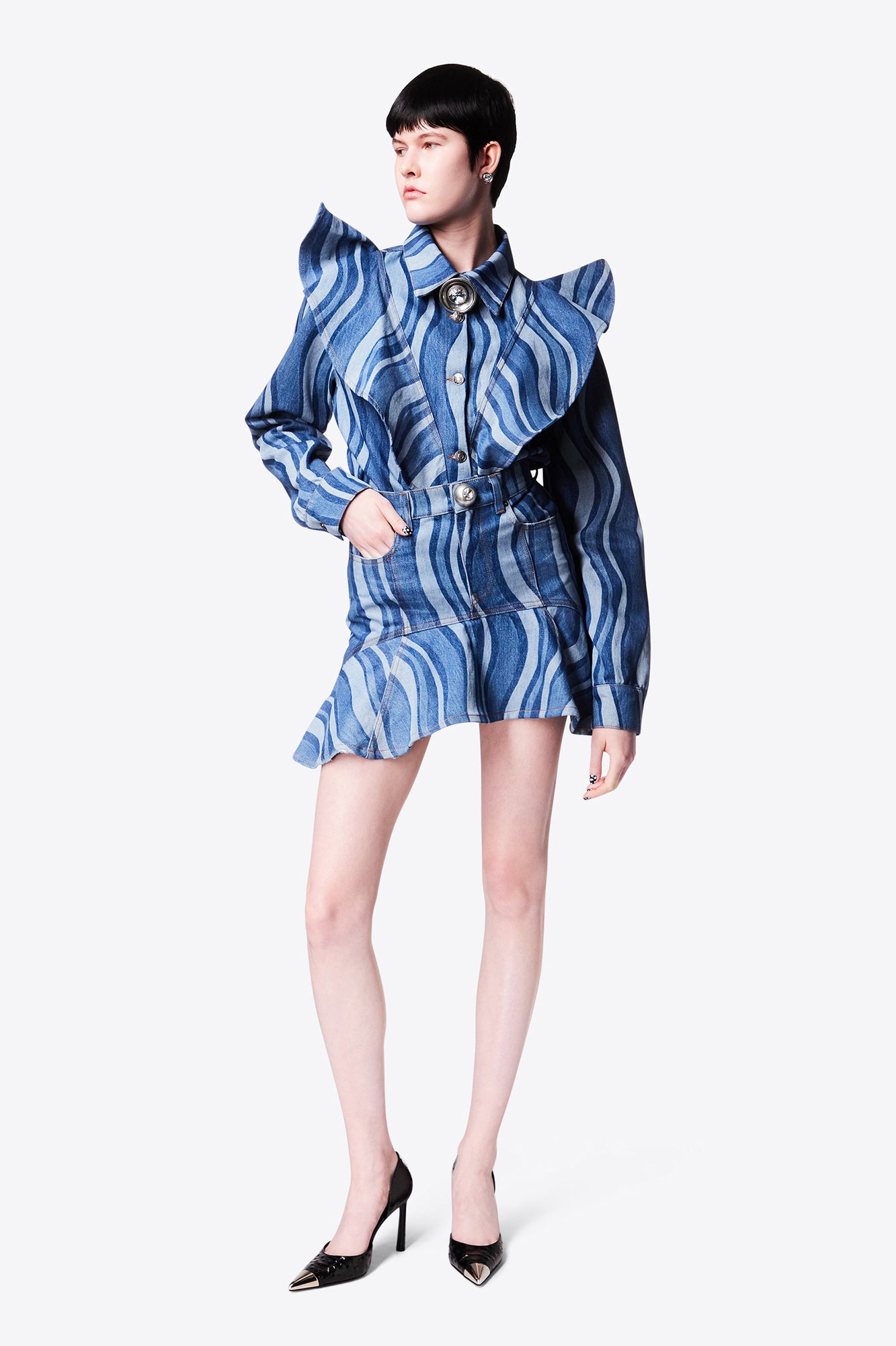 Sunray Denim Ruffle Bib Shirt