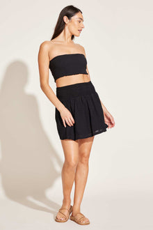 Costa Smocked Mini Skirt | Black Crinkle Organic Cotton
