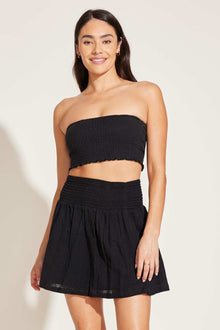 Costa Smocked Mini Skirt | Black Crinkle Organic Cotton