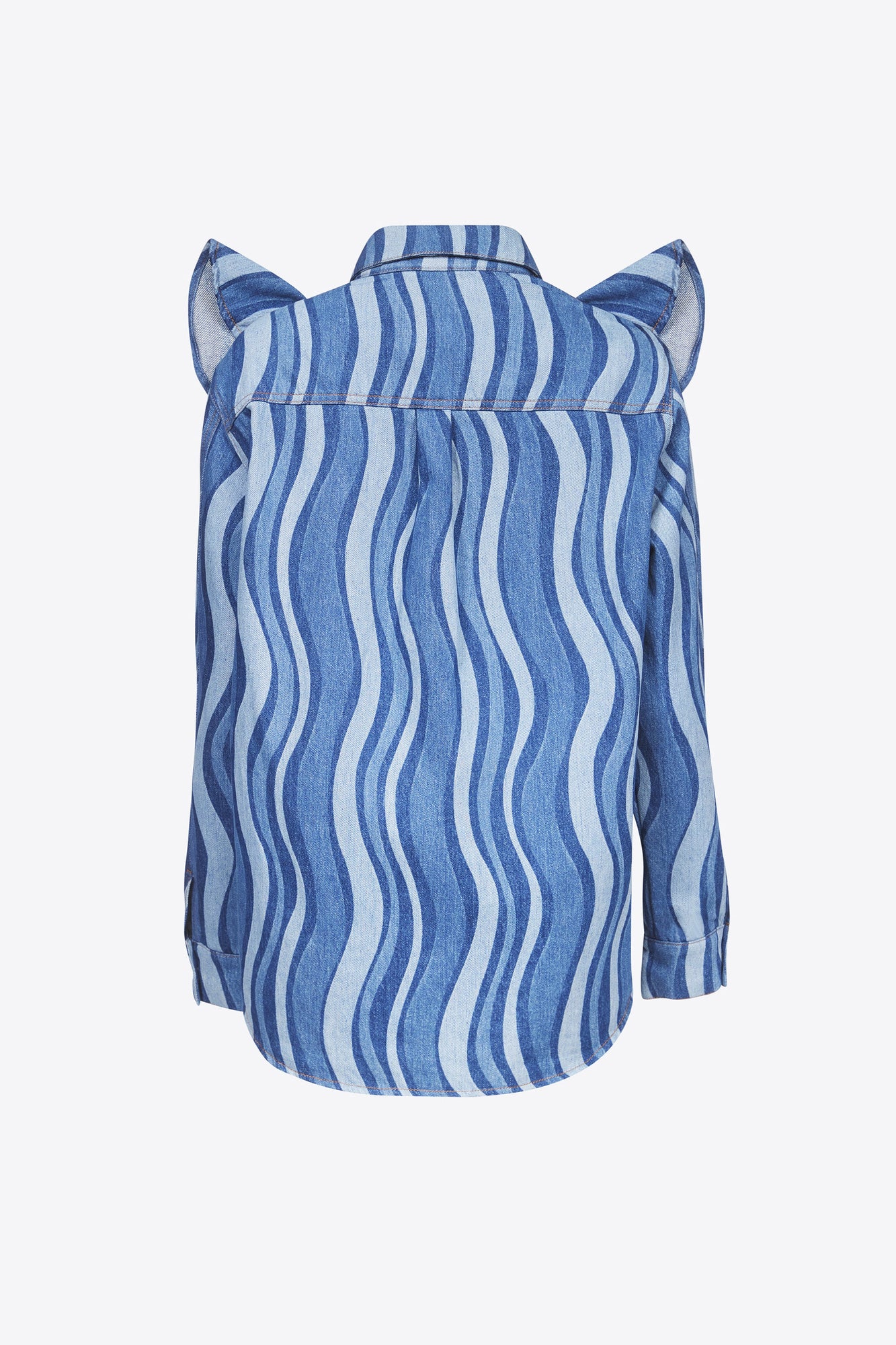 Sunray Denim Ruffle Bib Shirt | Indigo Multi