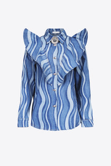 Sunray Denim Ruffle Bib Shirt | Indigo Multi