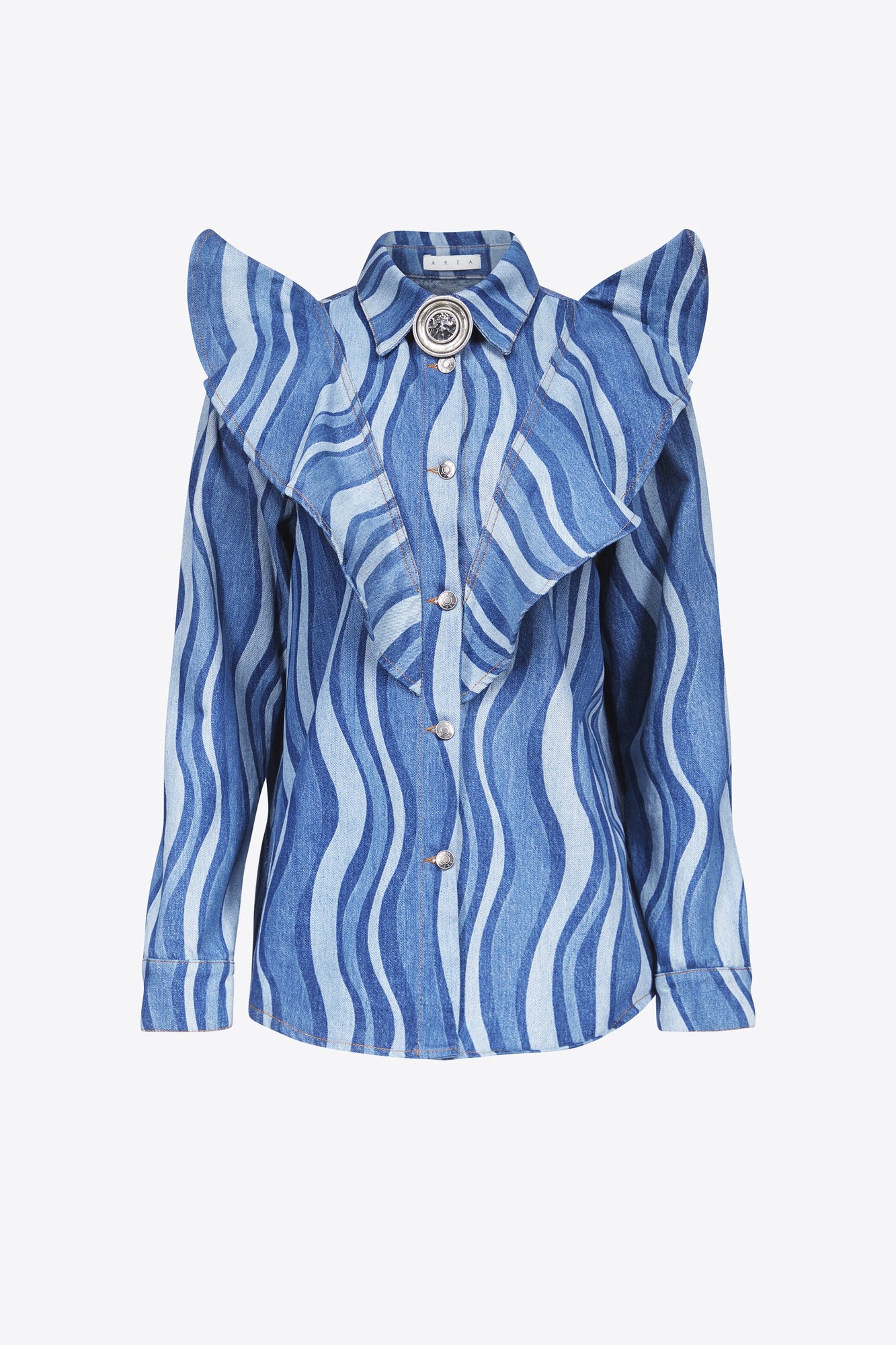 Sunray Denim Ruffle Bib Shirt | Indigo Multi