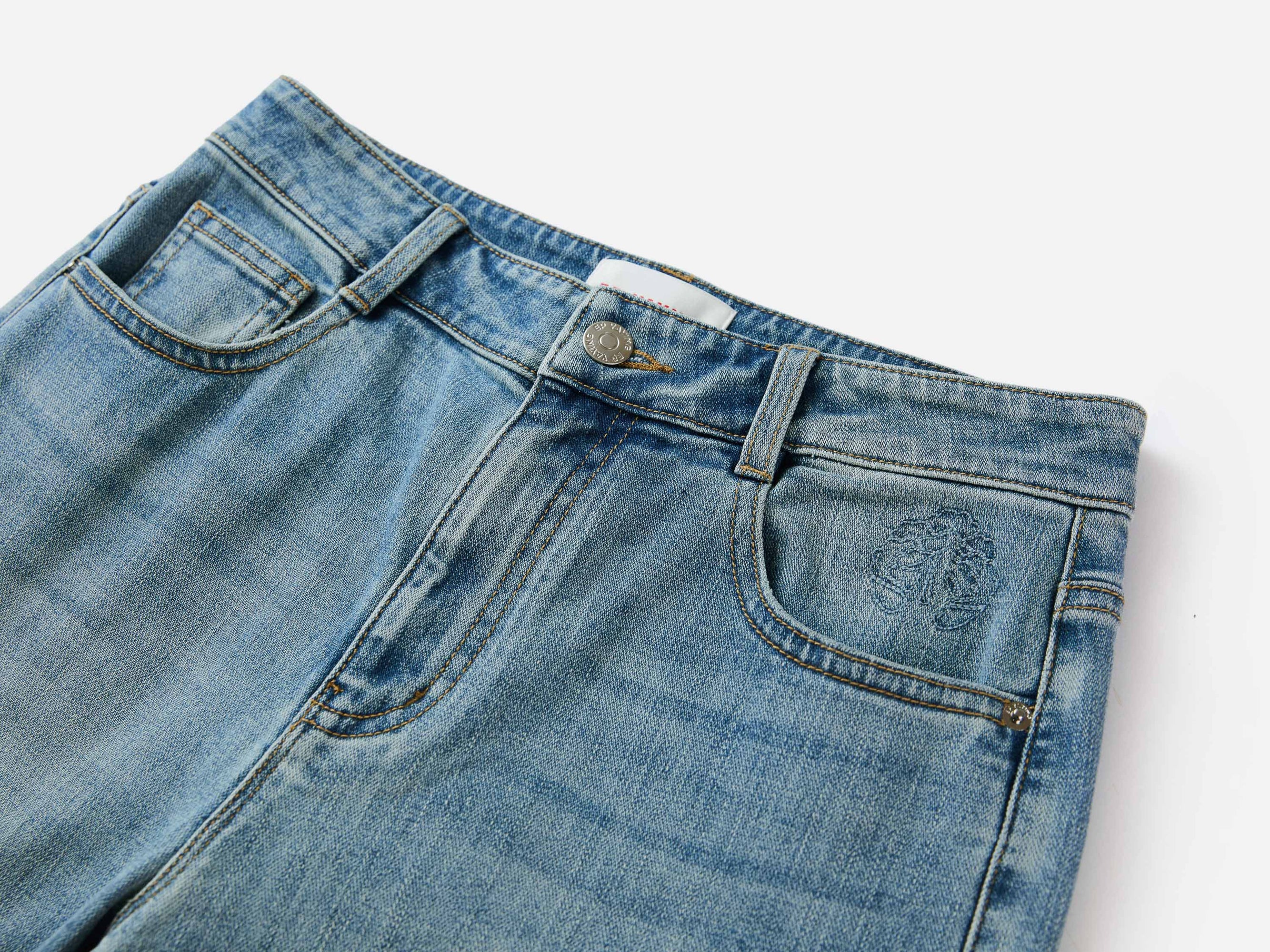 Rhinestone Cotton High-Waist Straight-Leg Jeans | Blue