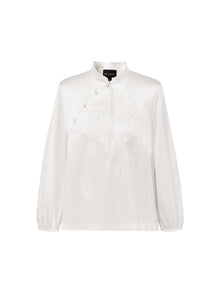 Neo-Chinese Silk Embroidered Stand Collar Shirt | White