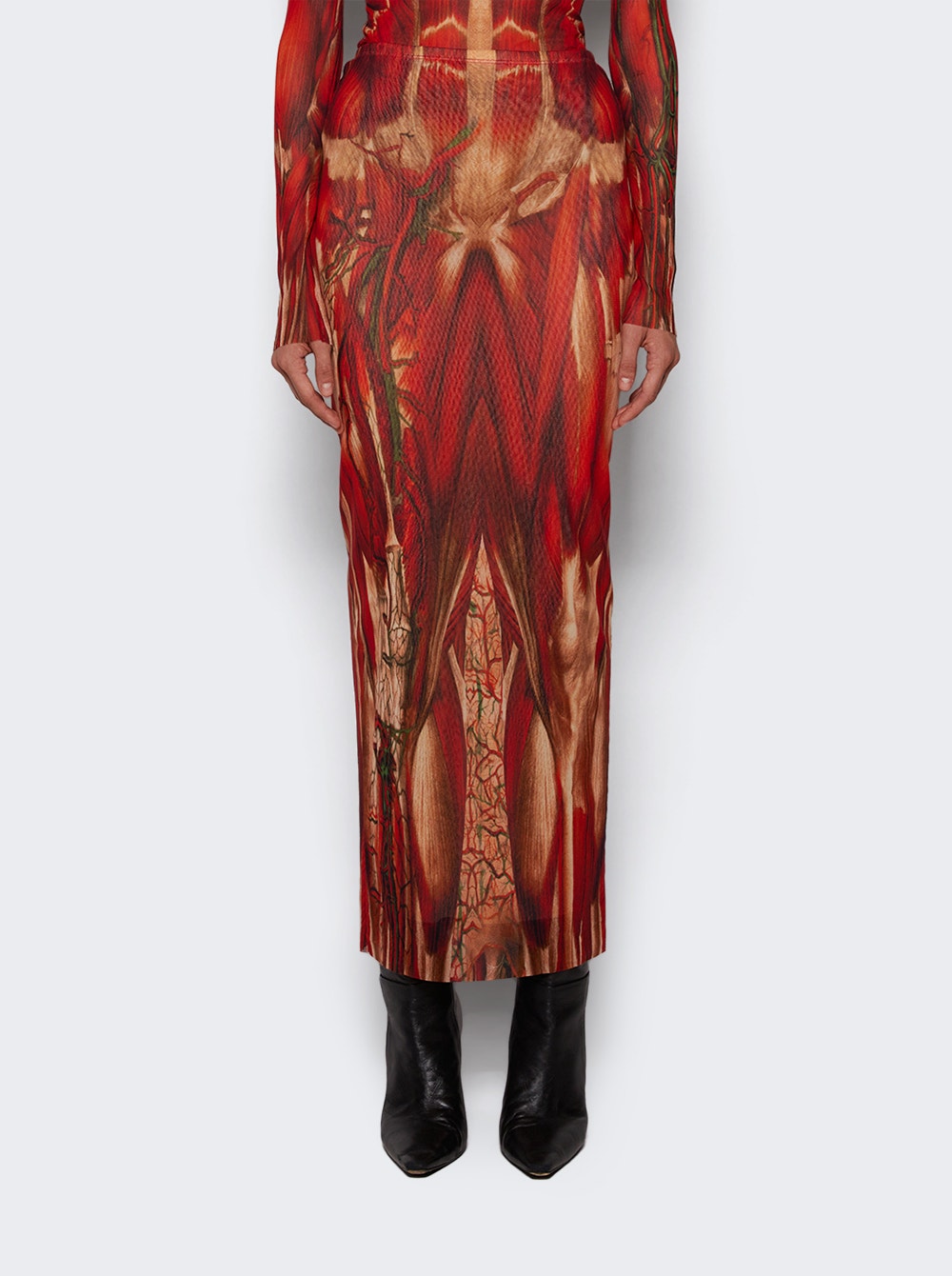 Women | Jean Paul Gaultier | Mesh Long Skirt | Red Écorché Print