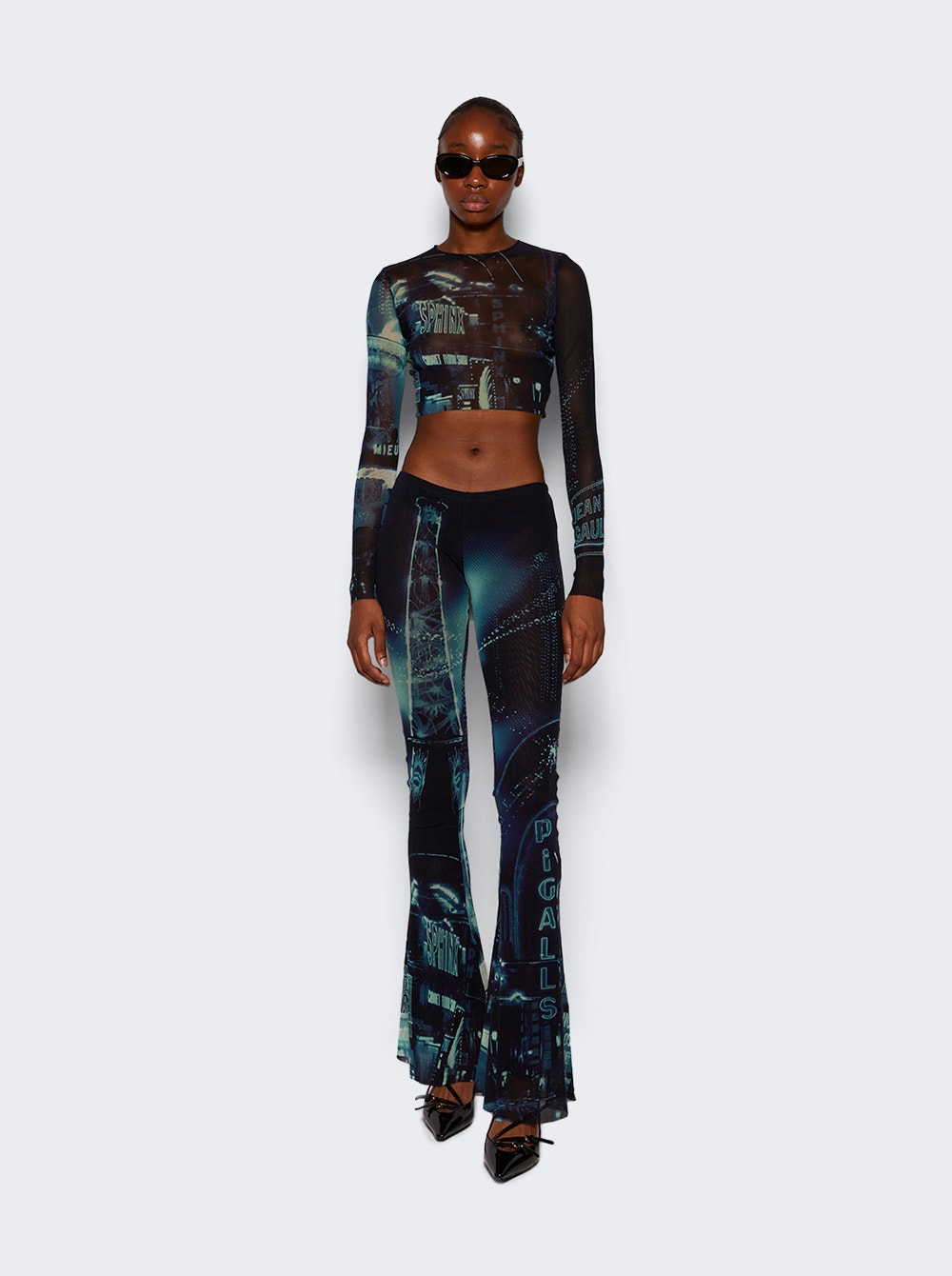 Women | Jean Paul Gaultier | Mesh Flare Pants | Blue Pigalle Print