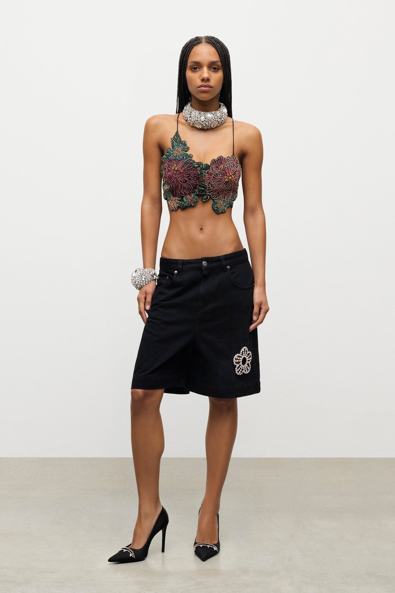 Crystal Flower Bermuda Jean Short | Black