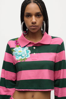 Embroidered Flower Rugby Stripe Long Sleeve Cropped Polo | Pink/Green
