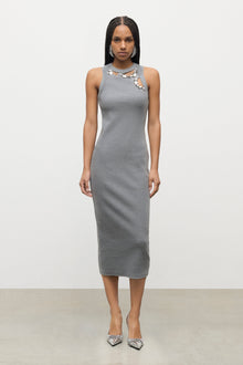 Distressed Crystal Ribbed Knit Midi Tank Dress | Grey Melange