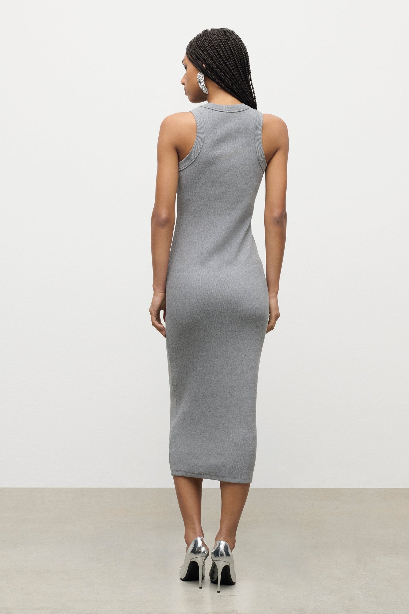 Distressed Crystal Ribbed Knit Midi Tank Dress | Grey Melange