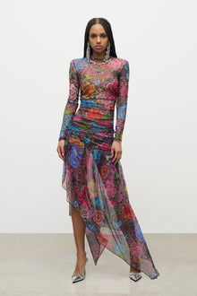 Crystal Embellished Printed Tulle Midi Dress | Pink Multi