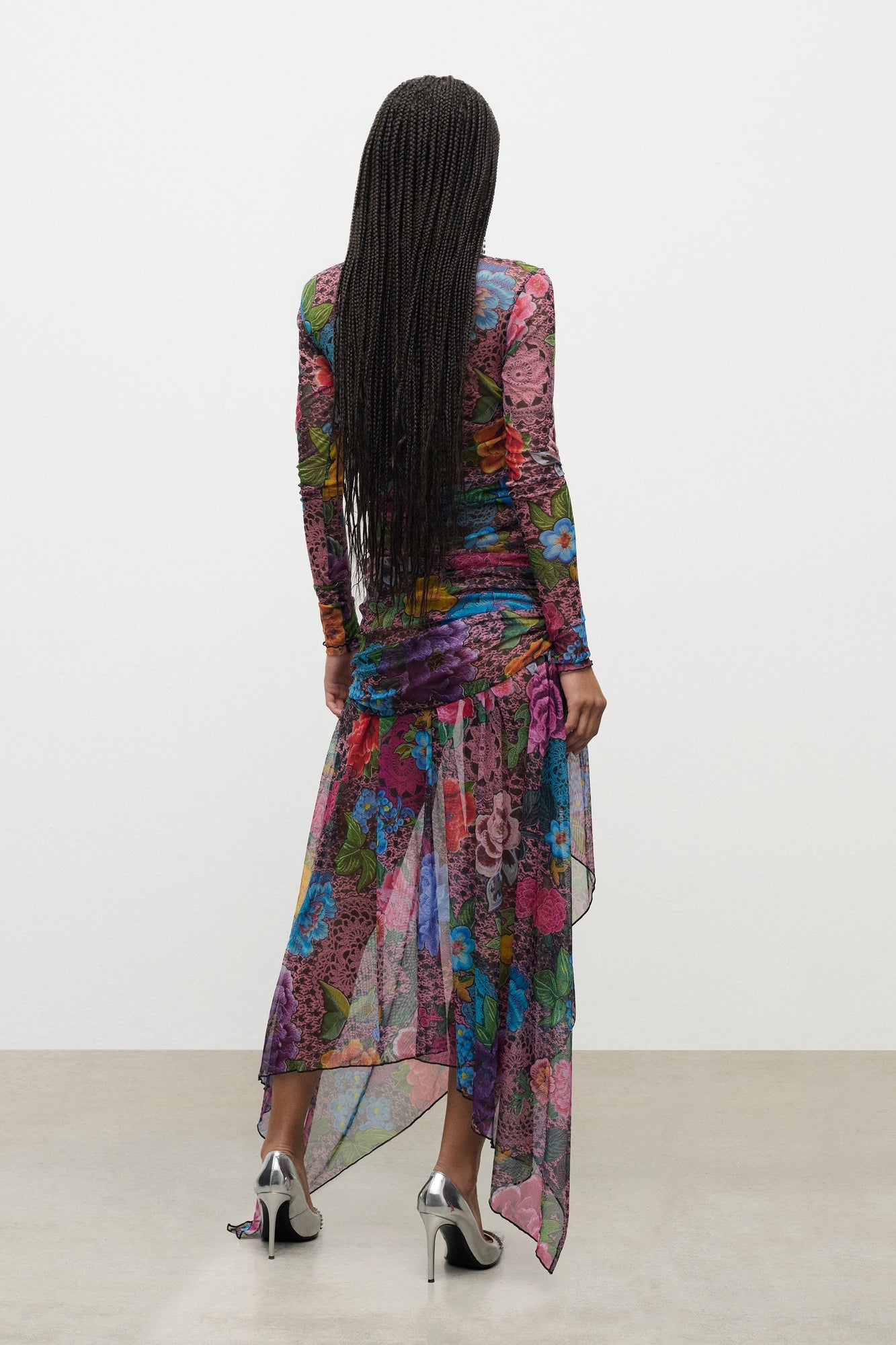 Crystal Embellished Printed Tulle Midi Dress | Pink Multi