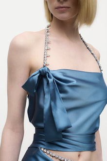 Crystal Embellished Satin Halter Top | Steel Blue
