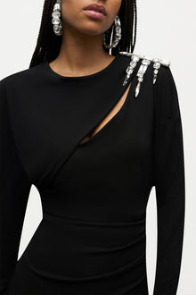 Crystal Cluster Draped Long Sleeve Mini Dress | Black