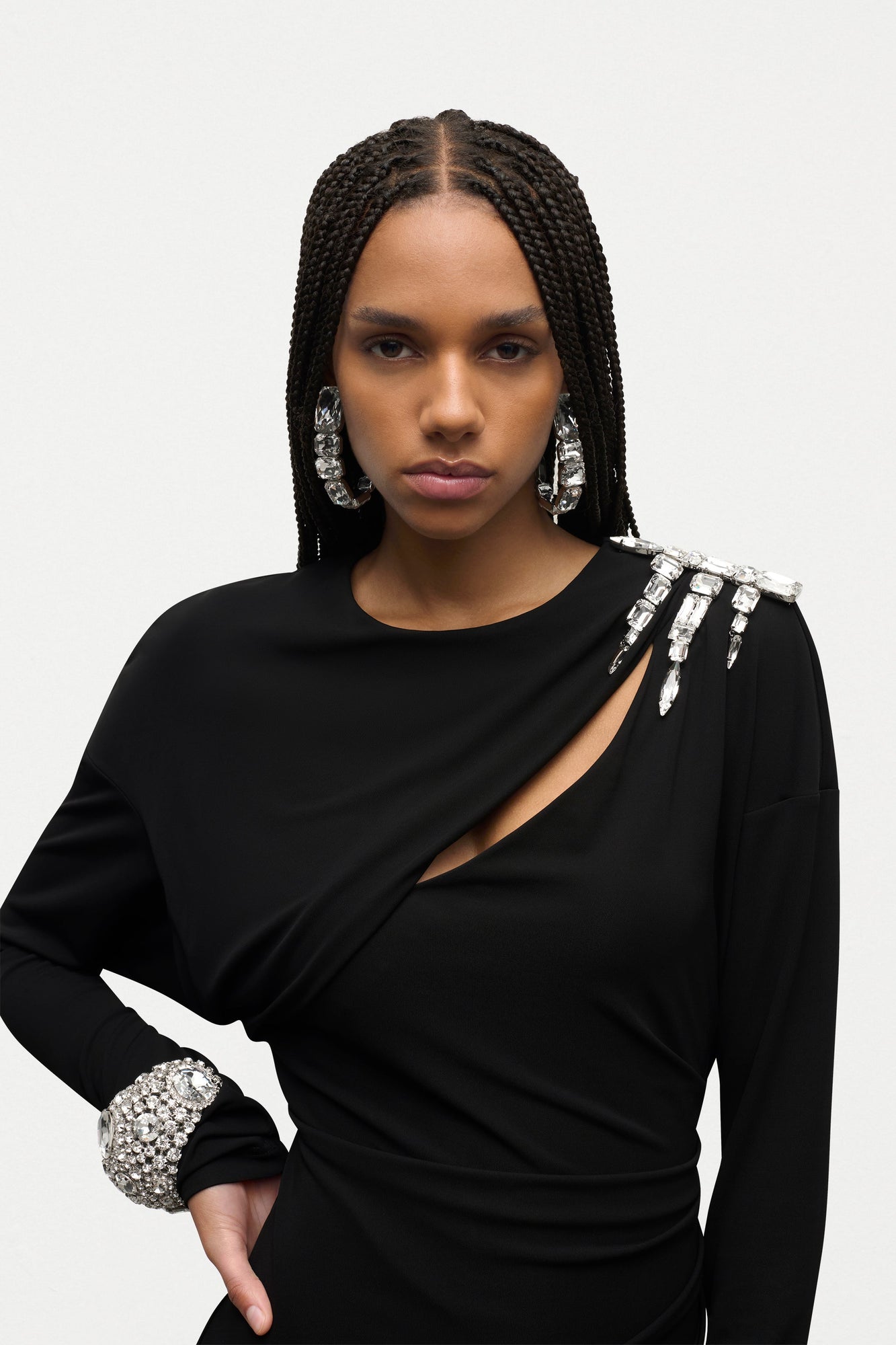 Crystal Cluster Draped Long Sleeve Mini Dress | Black