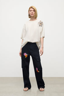 Embroidered Flower Cargo Pant | Midnight Blue