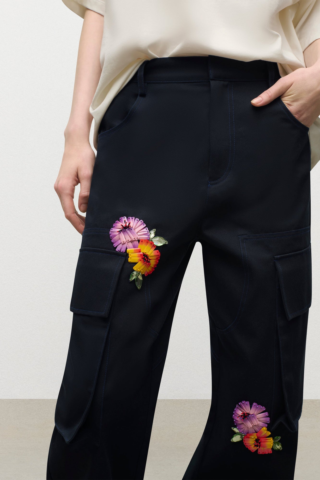 Embroidered Flower Cargo Pant | Midnight Blue