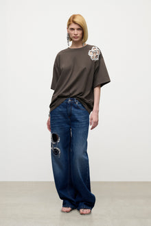 Crystal Chain Cutout Relaxed Jean | Medium Blue