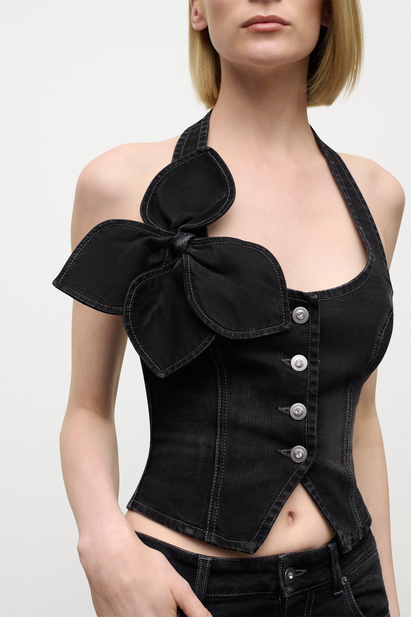 Denim Bow Halter Top | Washed Black