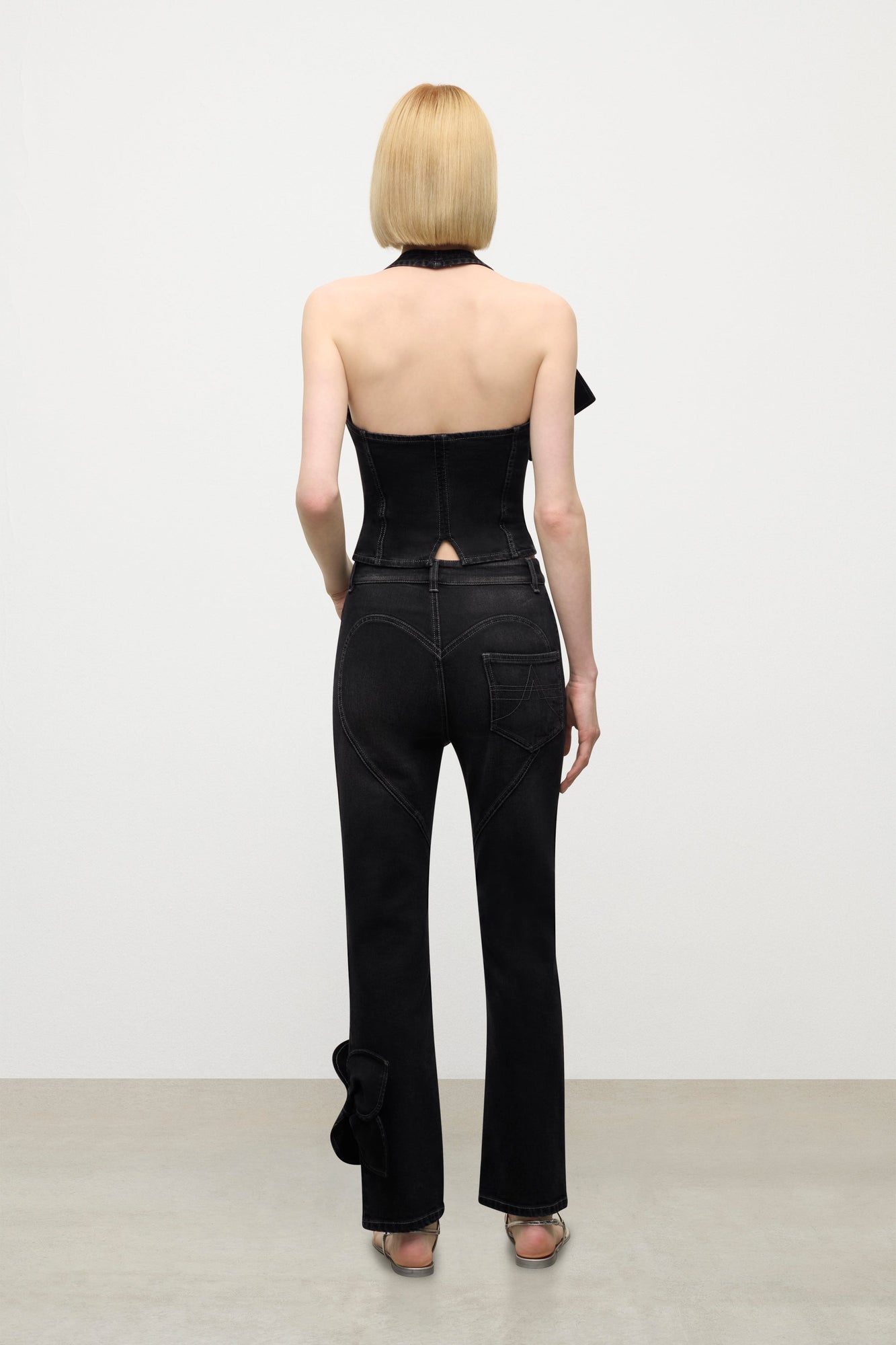 Denim Bow Halter Top | Washed Black