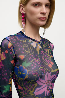 Hotfix Printed Tulle Long Sleeve Mini Dress | Multi