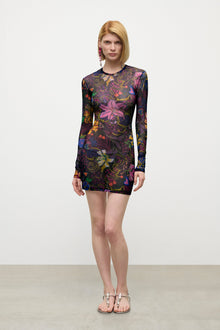 Hotfix Printed Tulle Long Sleeve Mini Dress | Multi