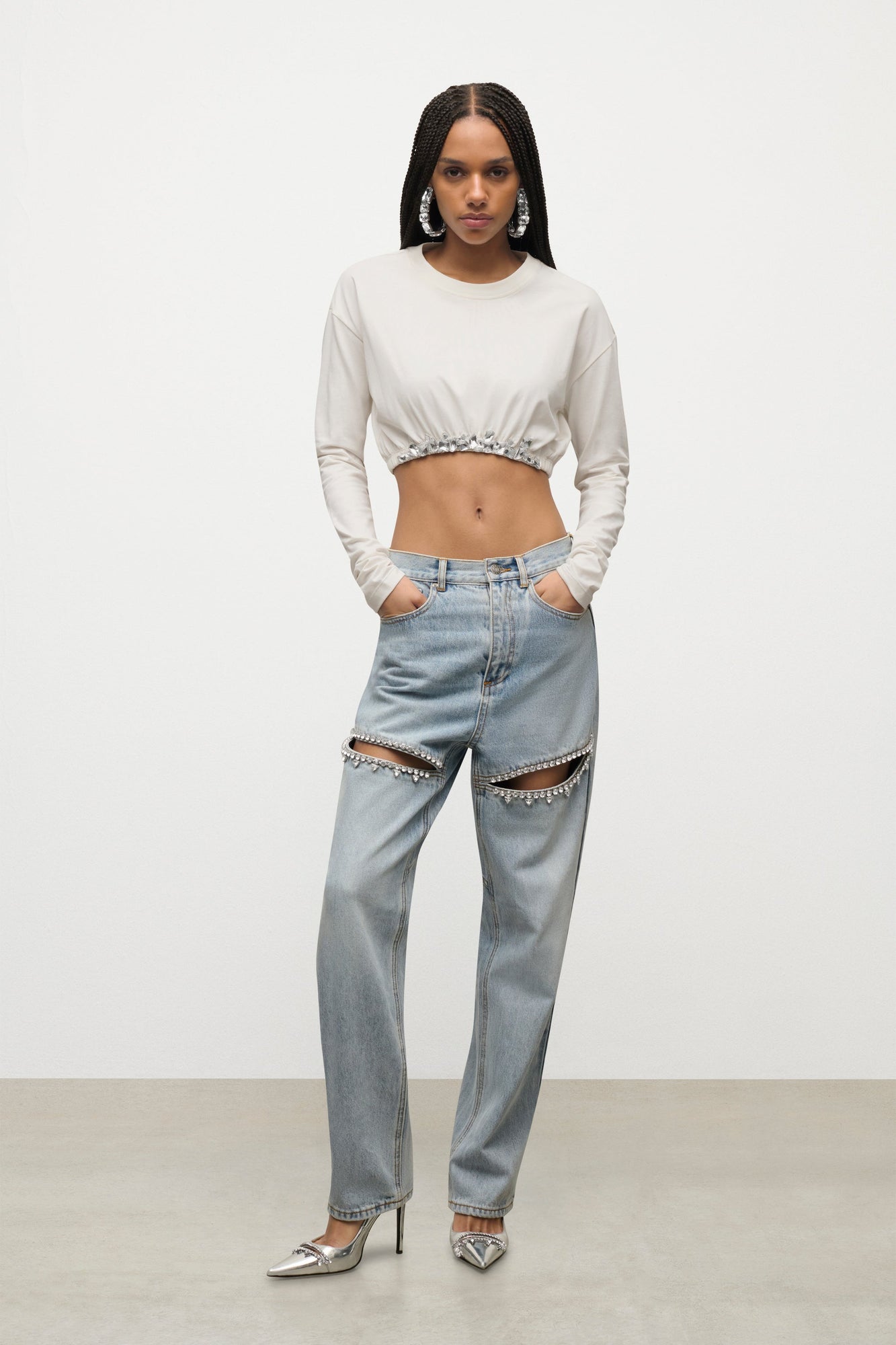 Crystal Cluster Long Sleeve Cropped T-Shirt | White