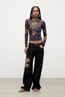 Crystal Chain Cutout Relaxed Jean | Washed Black