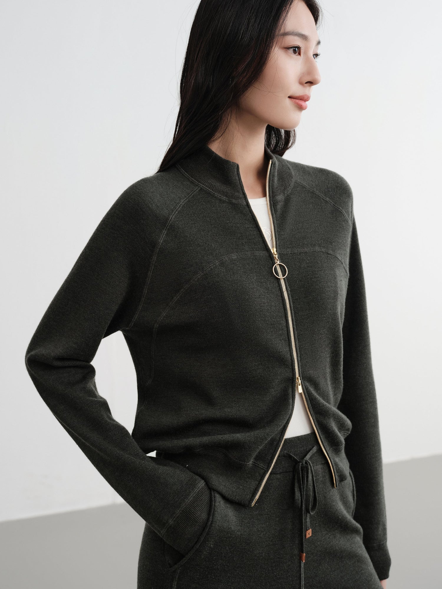 Worsted Wool Raglan Sleeve Straight Jacket | Green