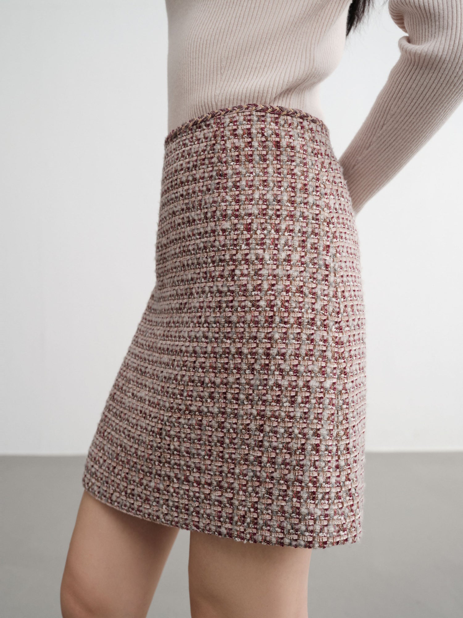Tweed High-Waist Tweed-Style Skirt | Wine Red
