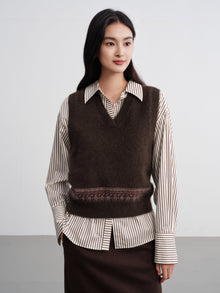 Yak Wool Ethnic Jacquard V-Neck Sweater Vest | Brown