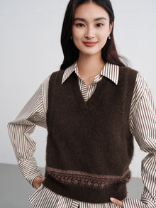 Yak Wool Ethnic Jacquard V-Neck Sweater Vest | Brown