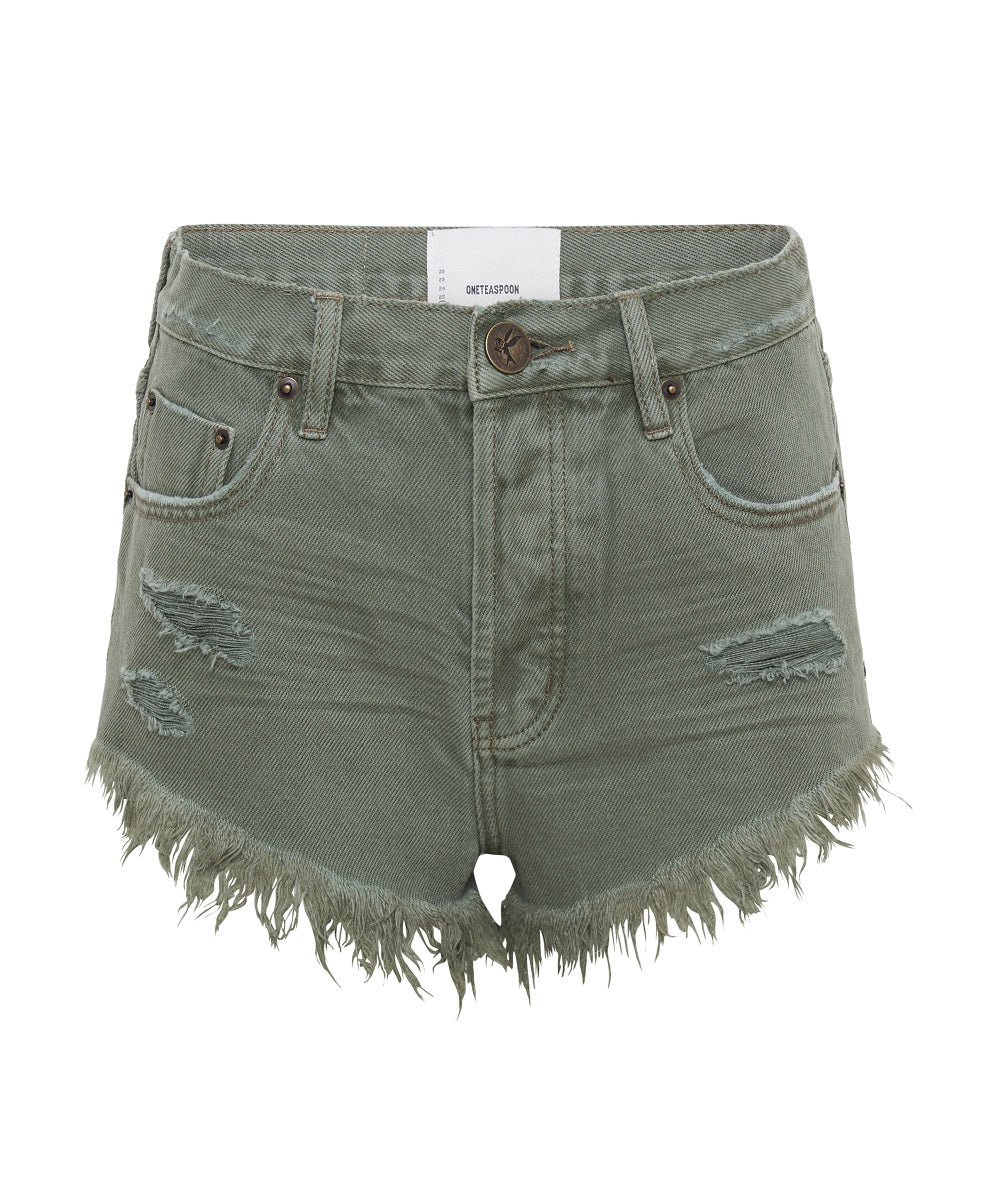 Outlaws Low Waist Mid Length Denim Shorts | Military Khaki