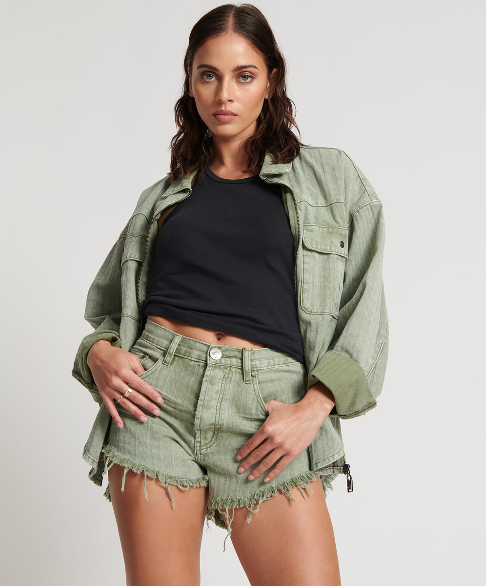 Outlaws Low Waist Mid Length Denim Shorts | Khaki