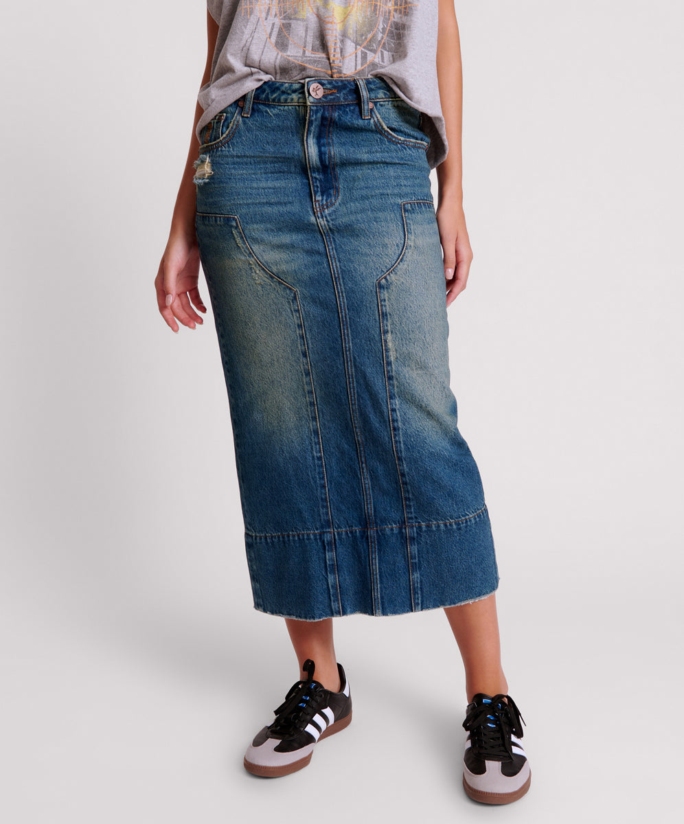 Cassidy Mid Waist Long Denim Column Skirt | Gritty Blue