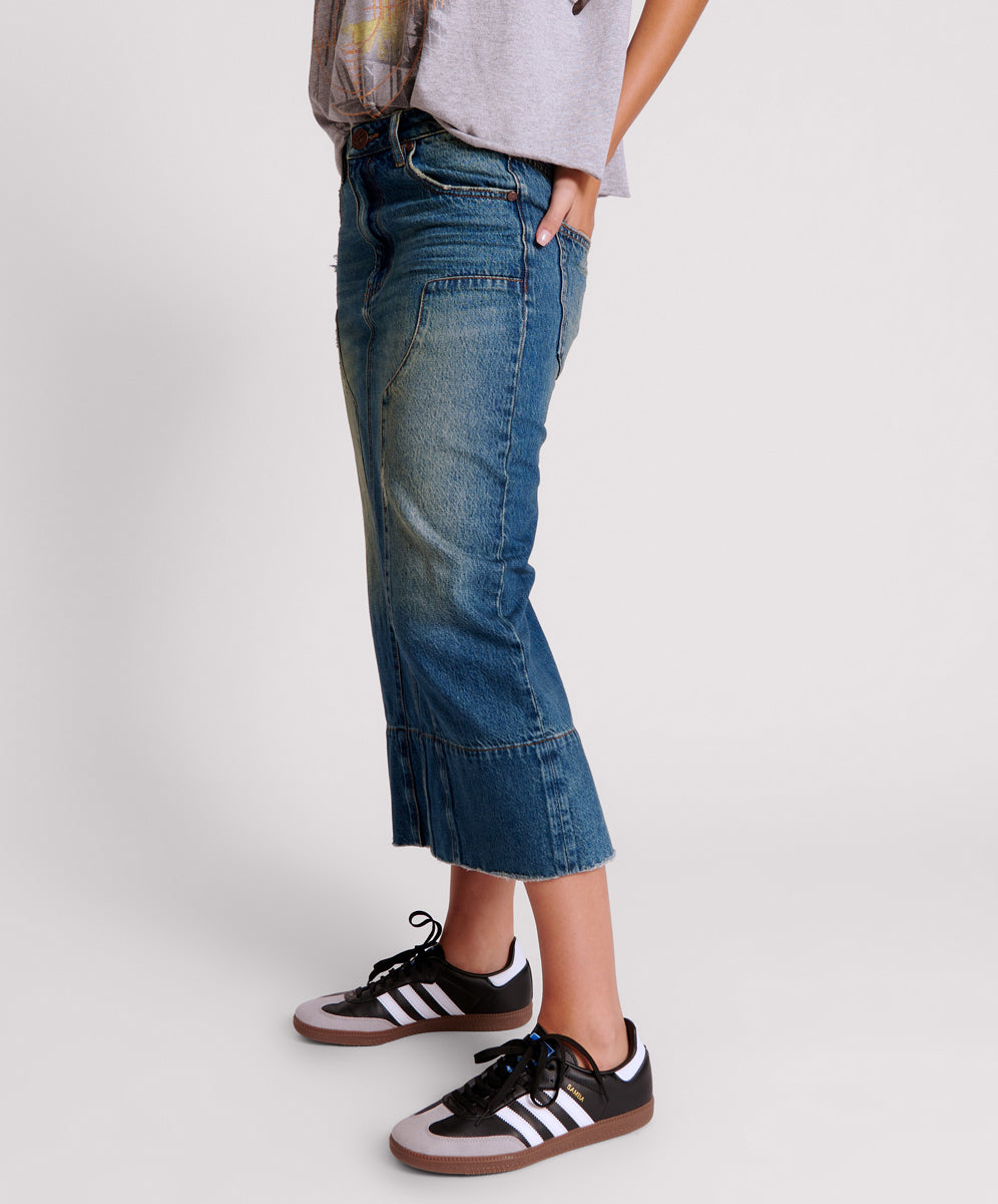 Cassidy Mid Waist Long Denim Column Skirt | Gritty Blue