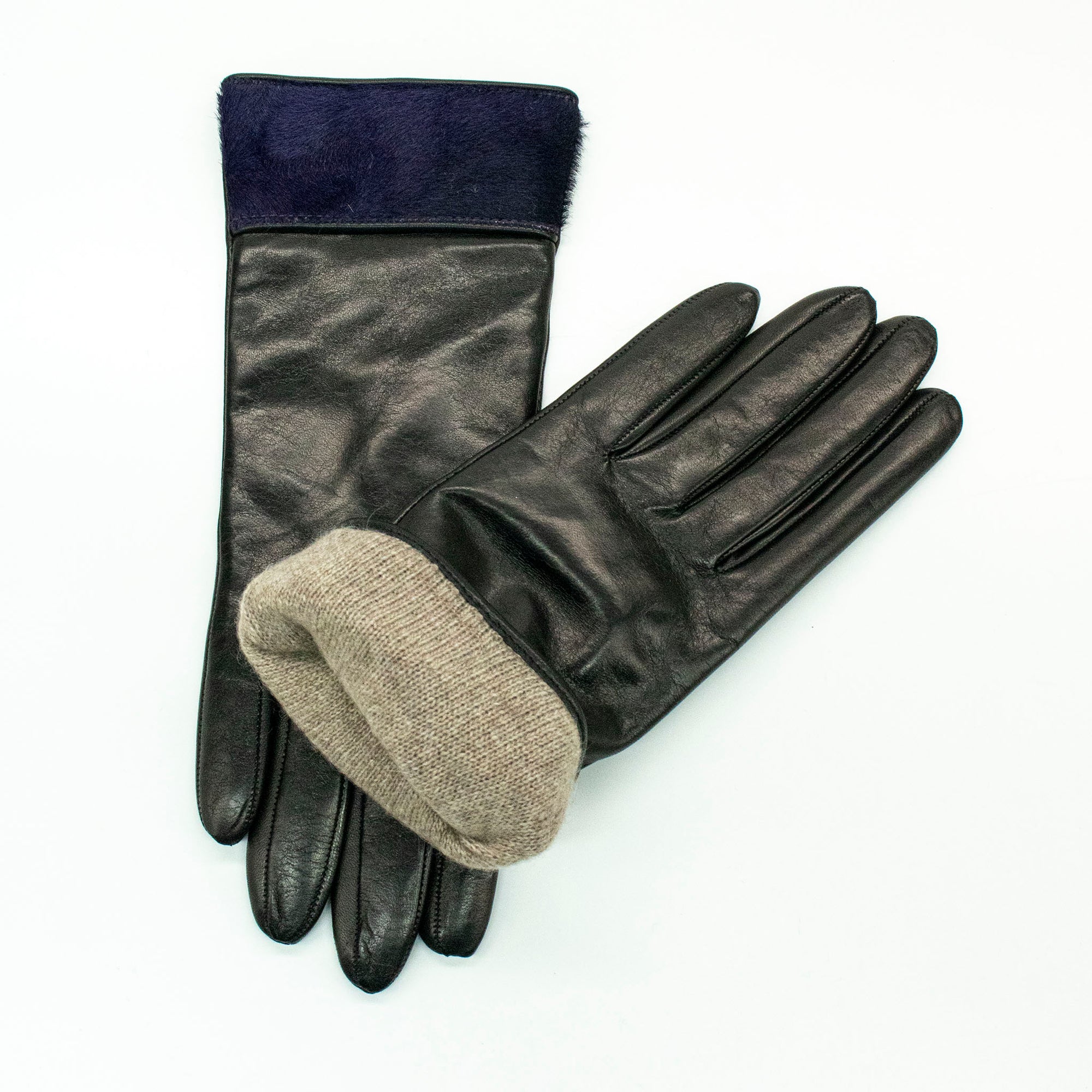 Womens | Leather Gloves with Haircalf On Cuff | Black/Purple