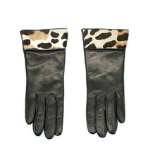 Womens | Leather Gloves with Haircalf On Cuff | Black/Leopard
