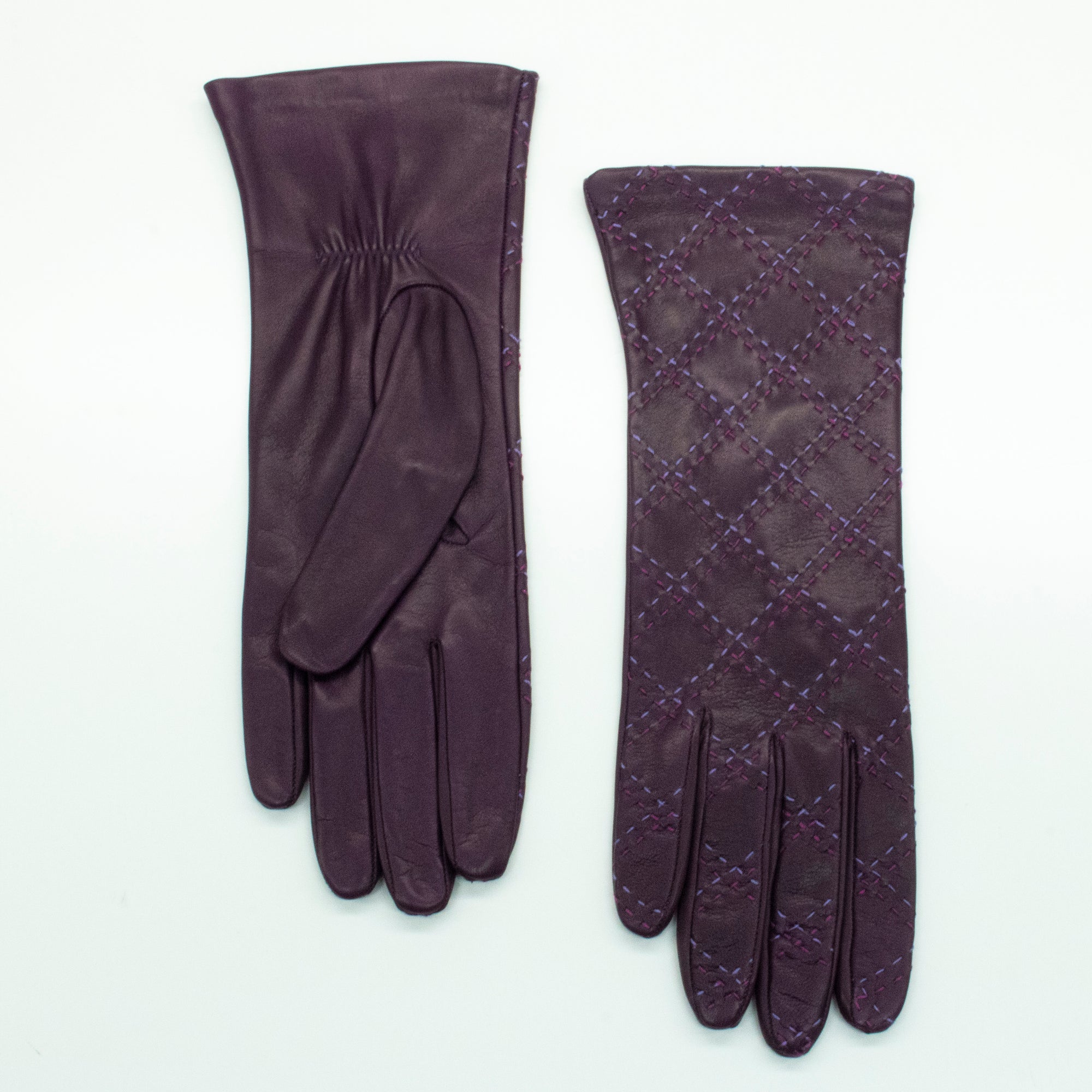Womens | Leather Gloves with Contrast Stitch | Dark Currant/Lilac
