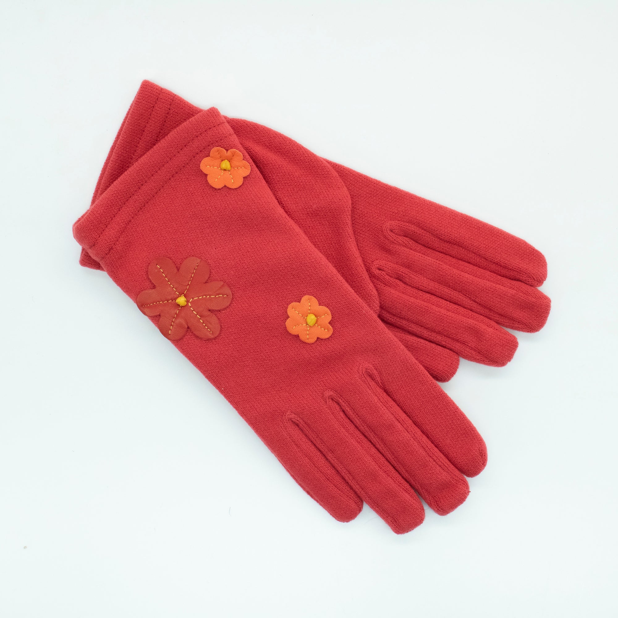 Womens | Gloves with Leather Flowers | Red