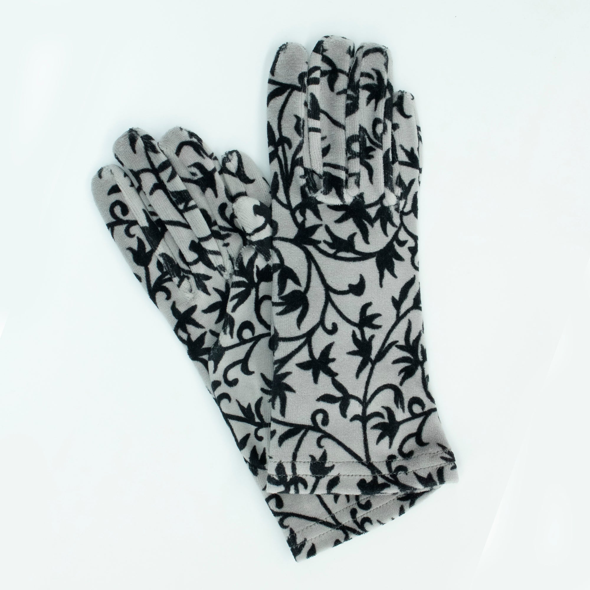 Womens | Velvet Gloves In Vines Design | Grey/Black