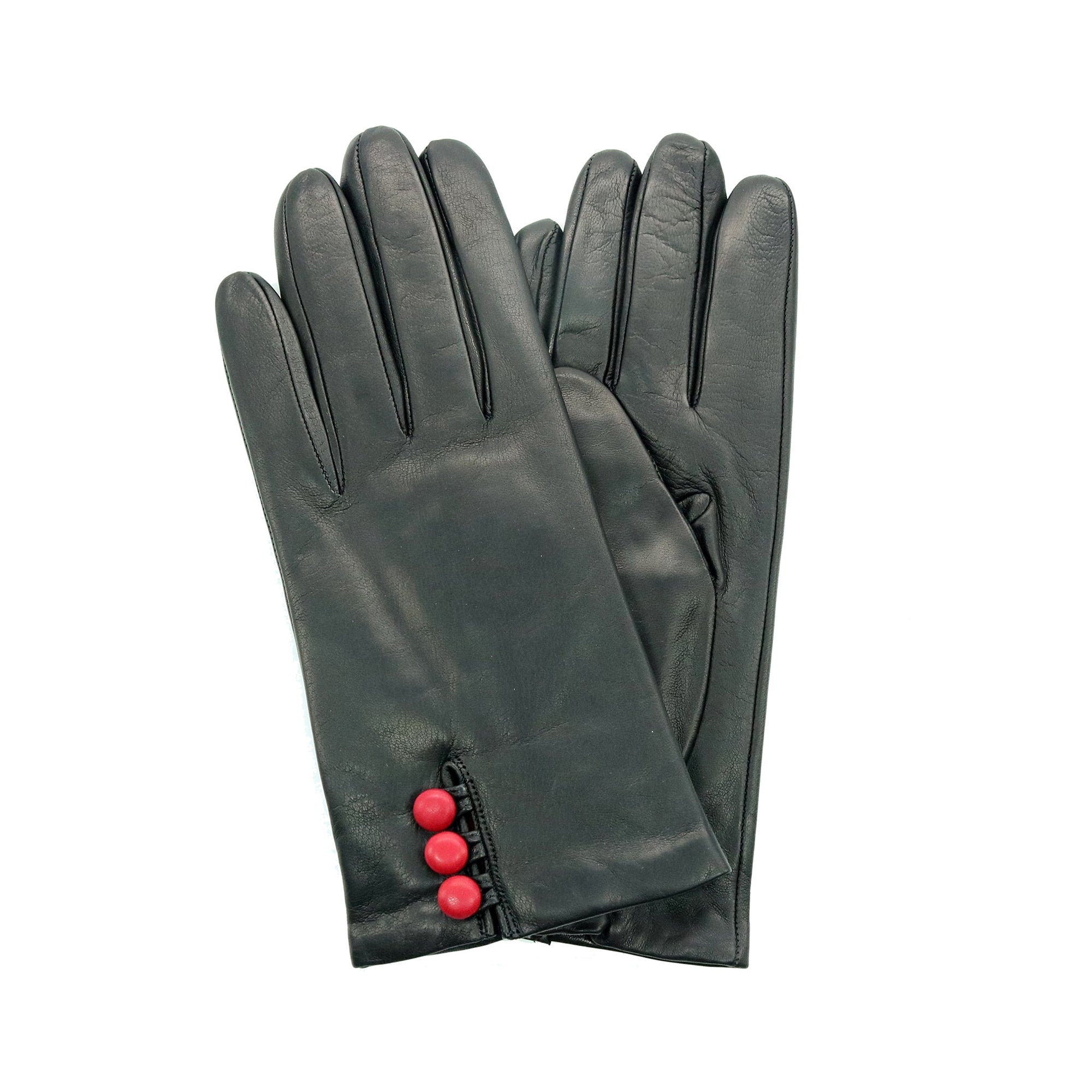 Leather Gloves With Contrast Buttons | Black/Red