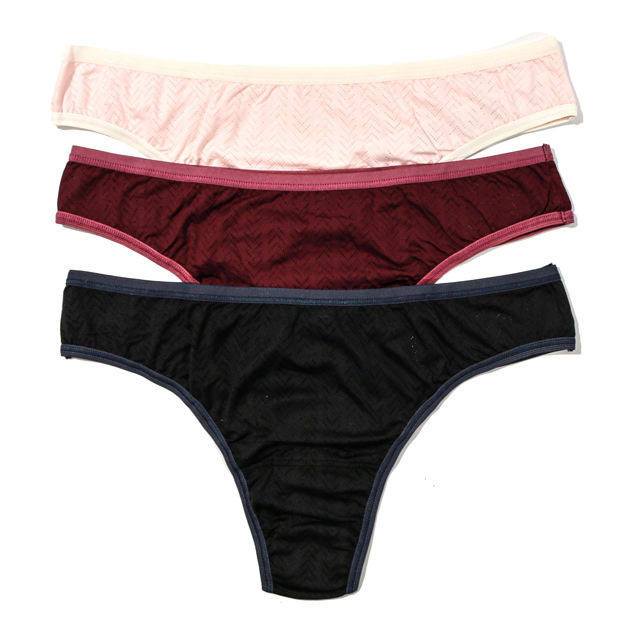 3-Pack MoveCalm Natural Rise Thong | Pearl/Marshmallow - Dried Cherry/Damson Plum- Black/Granite