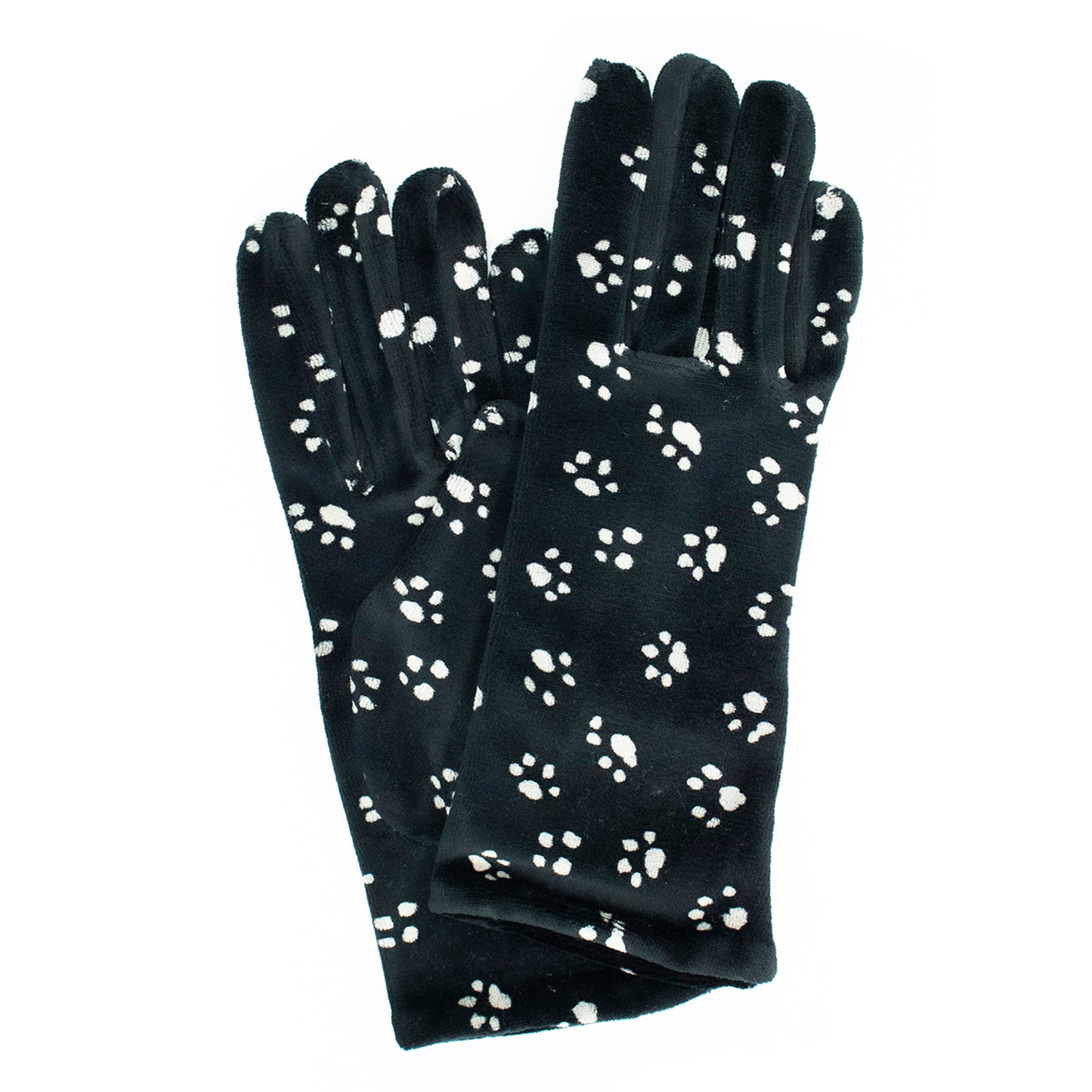 Womens | Velvet Gloves In Paw Print Design | Black/White