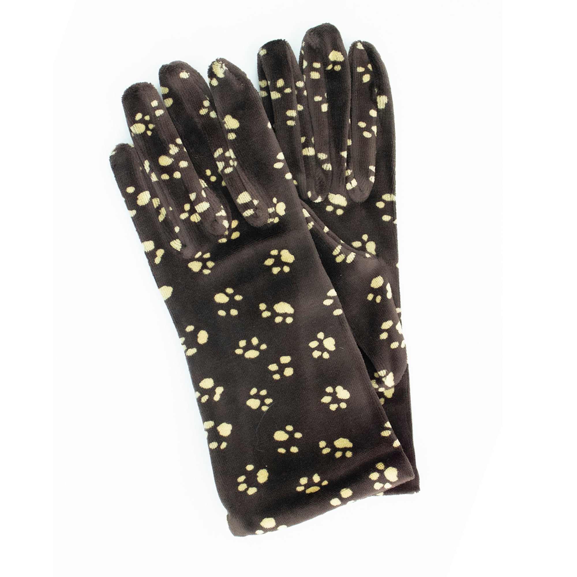 Womens | Velvet Gloves In Paw Print Design | Brn/Beige