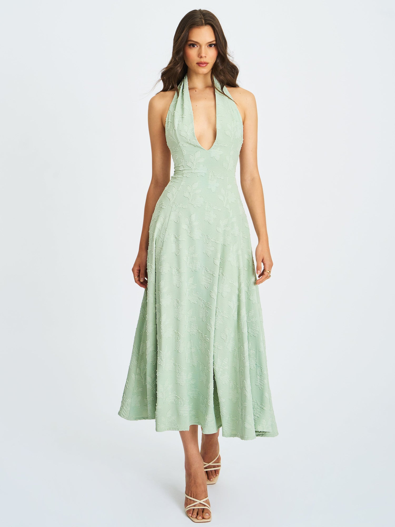 Magda Deep V Neck Halter A-line Midi Dress | Mint Green