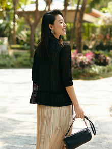 3/4 Sleeve Mulberry Silk Open-Knit Cardigan | Black